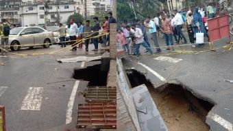 গুঁড়ি গুঁড়ি বৃষ্টিতে হঠাৎ দেবে গেল গর্তে চট্টগ্রামের সড়ক