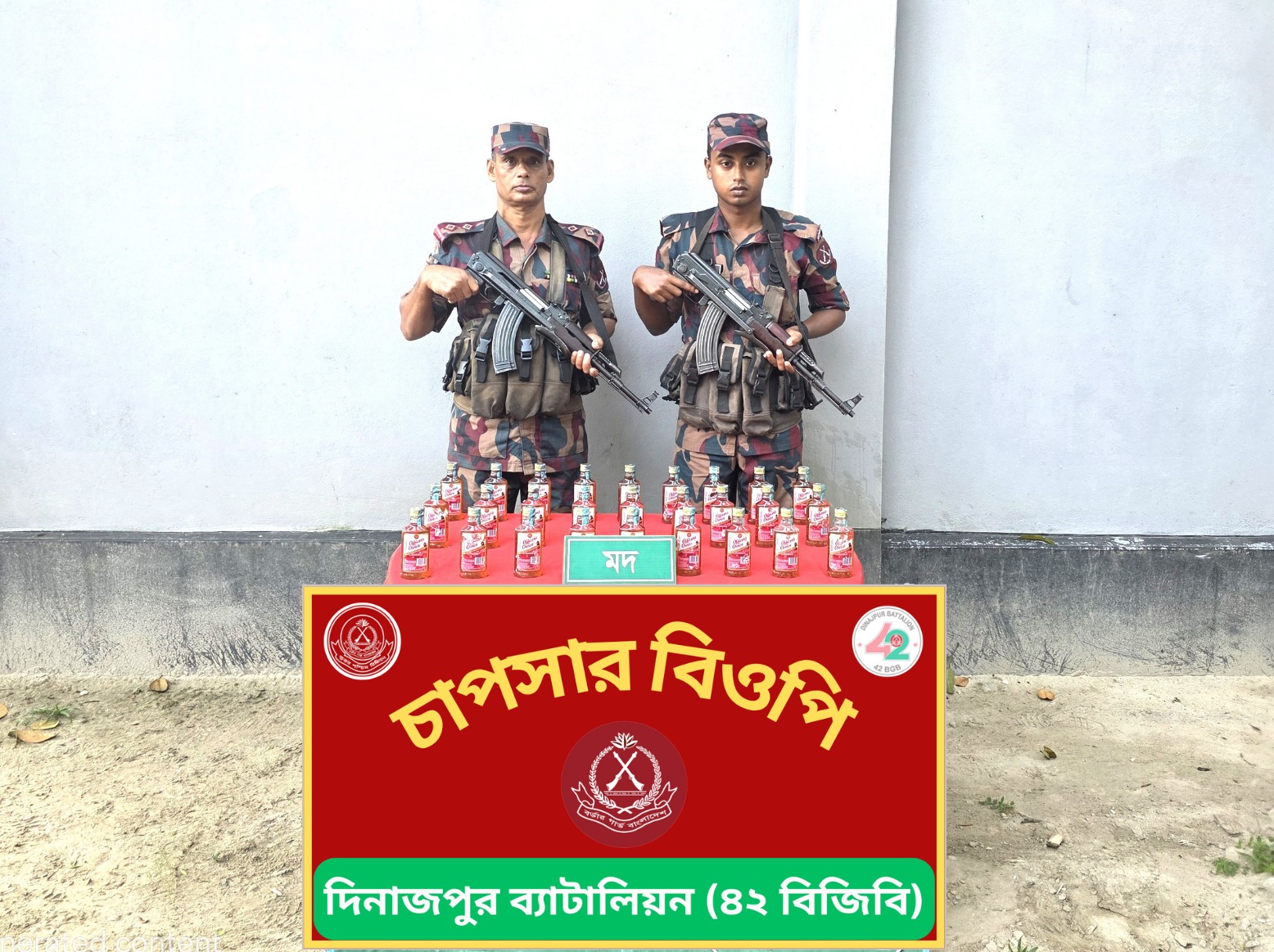 দিনাজপুর  ৪২ বিজিবি কর্তৃক রাতব্যাপী বিশেষ অভিযানে হরিপুর ও পীরগঞ্জ সীমান্তে ভারতীয় মদ ও বিক্রয় নিষিদ্ধ সিরাপ উদ্ধার